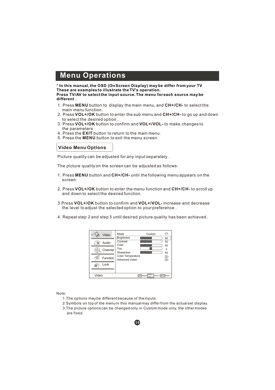 Menu operations, Video menu options | Prima LV-1958P User Manual | Page 19 / 70