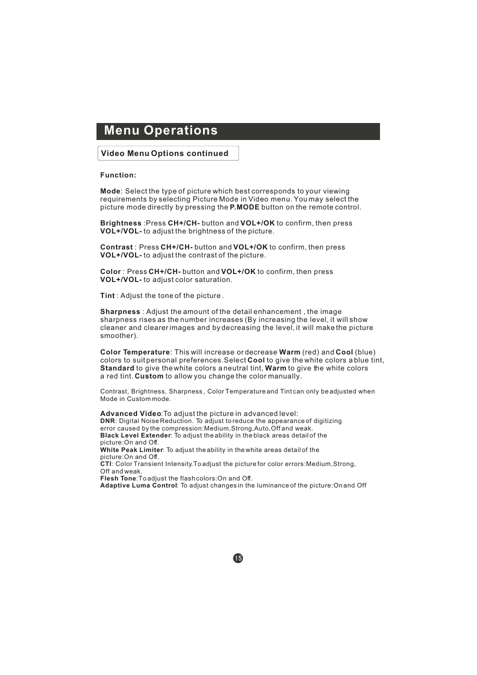 Menu operations | Prima LV-1958P User Manual | Page 20 / 70