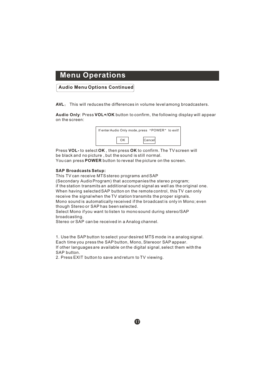 Menu operations | Prima LV-1958P User Manual | Page 22 / 70