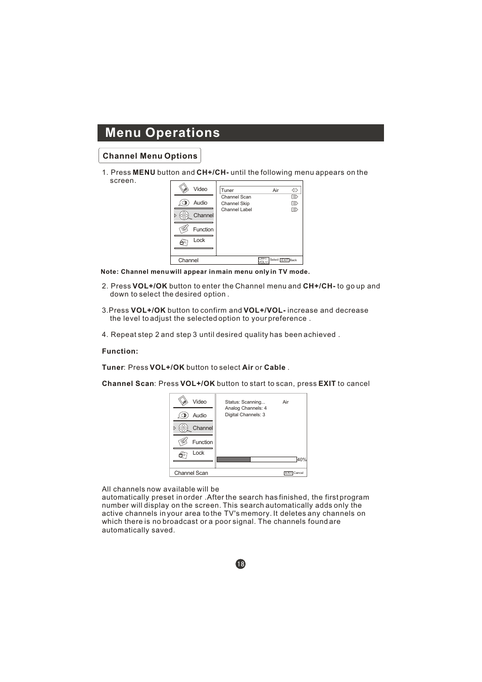 Menu operations, Channel menu options | Prima LV-1958P User Manual | Page 23 / 70