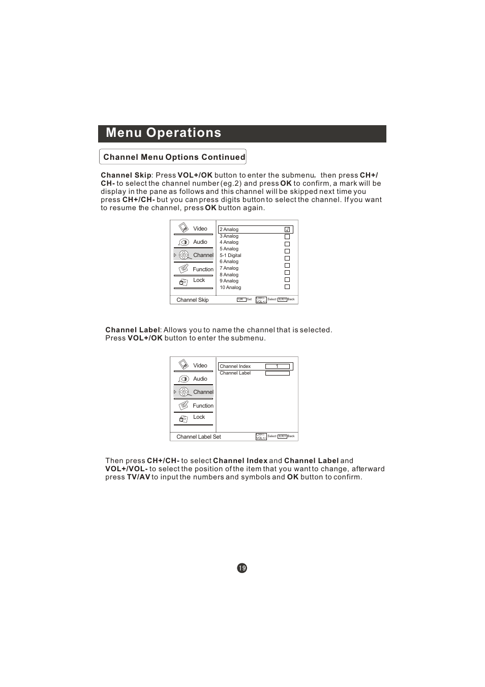 Menu operations, Channel menu options continued | Prima LV-1958P User Manual | Page 24 / 70