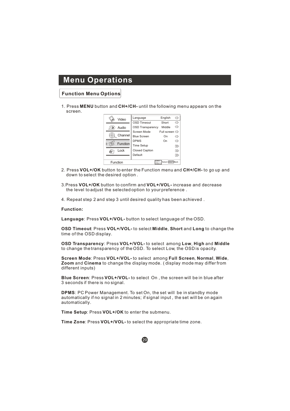 Menu operations, Function menu options | Prima LV-1958P User Manual | Page 25 / 70