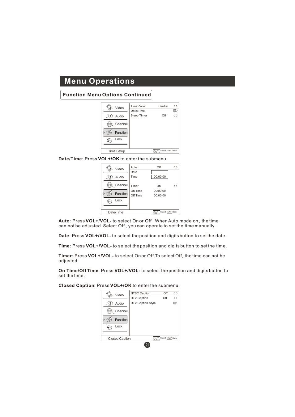 Menu operations, Function menu options continued, Date/time : press vol+/ok to enter the submenu | Prima LV-1958P User Manual | Page 26 / 70