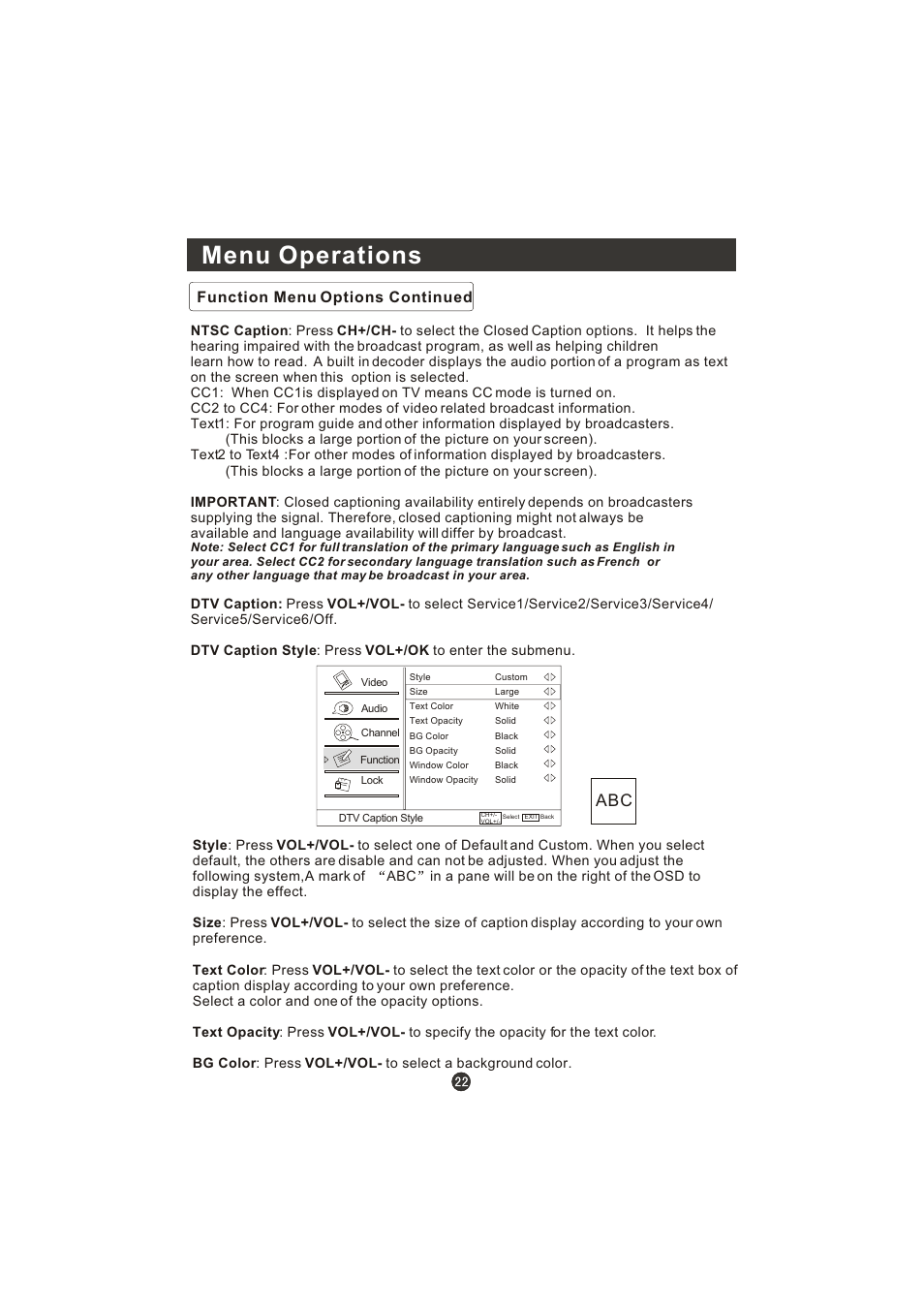 Menu operations, Function menu options continued | Prima LV-1958P User Manual | Page 27 / 70