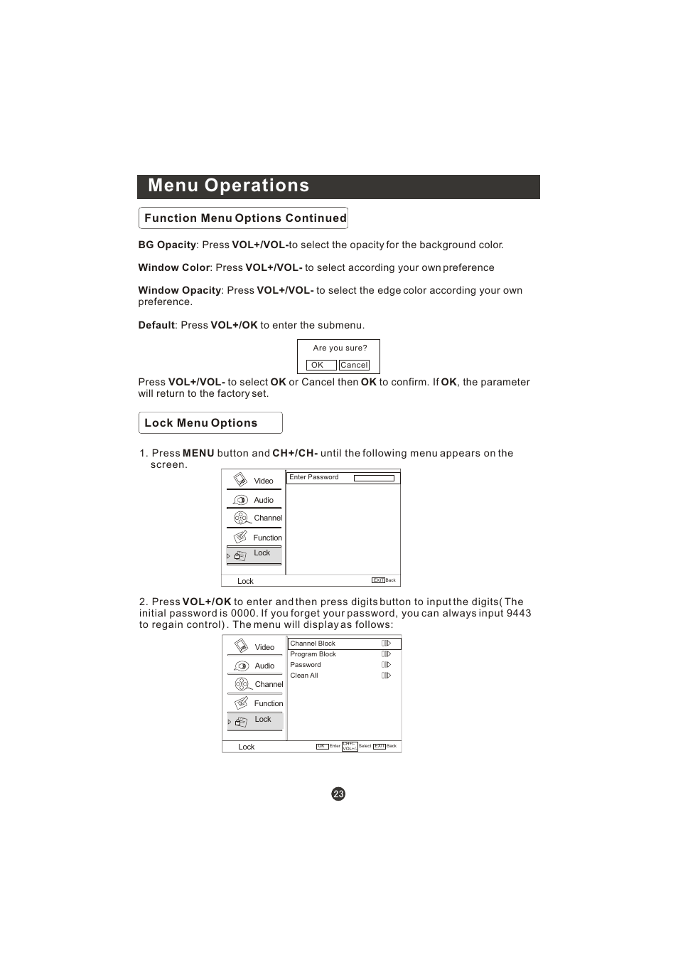 Menu operations, Function menu options continued, Lock menu options | Prima LV-1958P User Manual | Page 28 / 70