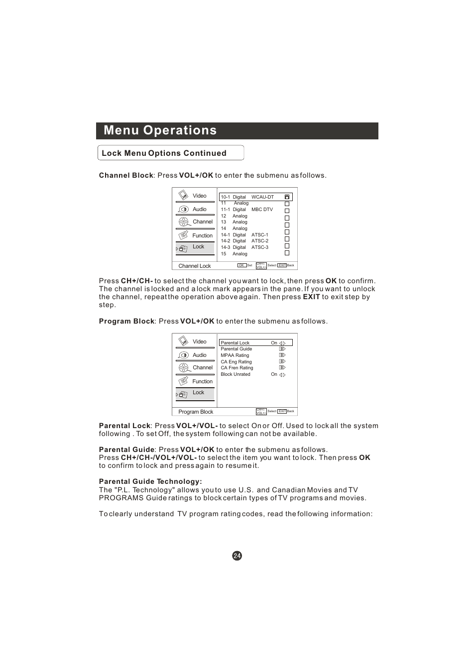 Menu operations, Lock menu options continued | Prima LV-1958P User Manual | Page 29 / 70