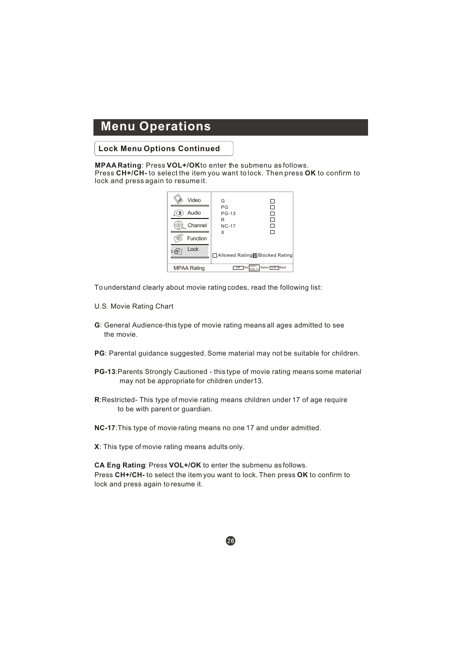 Menu operations, Lock menu options continued | Prima LV-1958P User Manual | Page 31 / 70