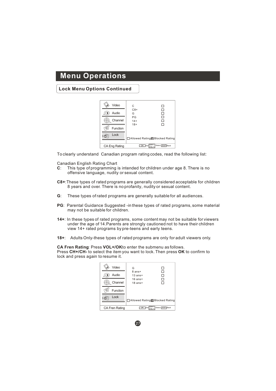 Menu operations, Lock menu options continued | Prima LV-1958P User Manual | Page 32 / 70