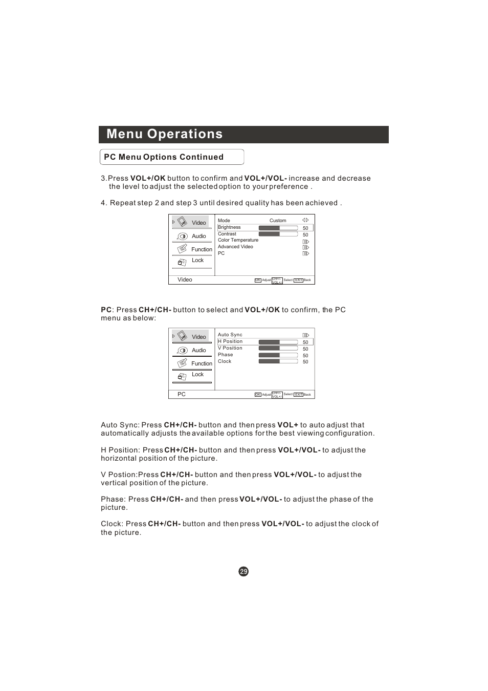 Menu operations, Pc menu options continued | Prima LV-1958P User Manual | Page 34 / 70