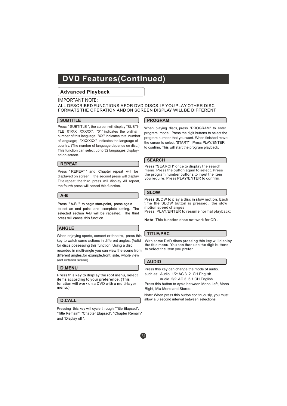 Dvd features(continued) | Prima LV-1958P User Manual | Page 36 / 70