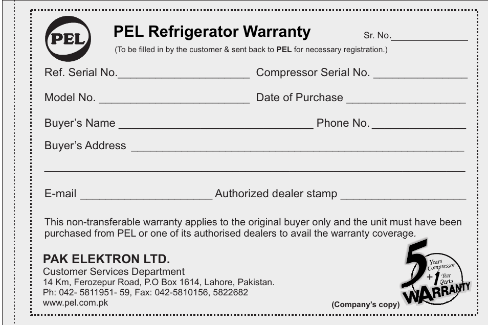 Pel refrigerator warranty, Pak elektron ltd, Buyer’s address | E-mail, Authorized dealer stamp | Pelco 20145JF User Manual | Page 15 / 34