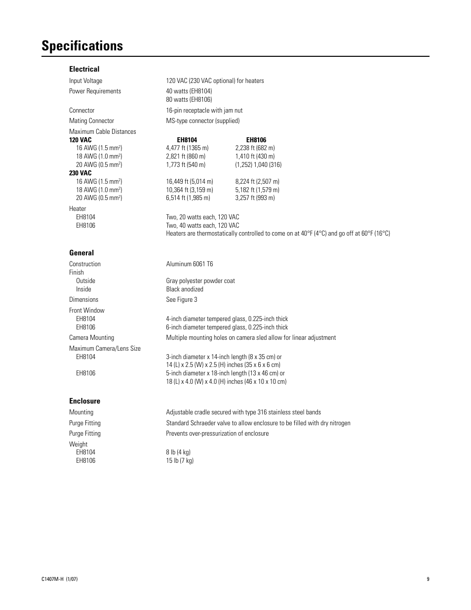 Specifications | Pelco EH8100 User Manual | Page 9 / 12