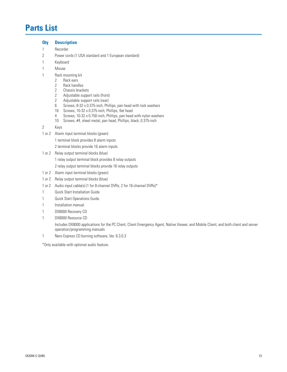 Parts list | Pelco Dx8000 User Manual | Page 13 / 96