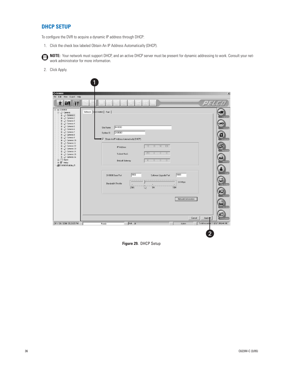Dhcp setup | Pelco Dx8000 User Manual | Page 36 / 96