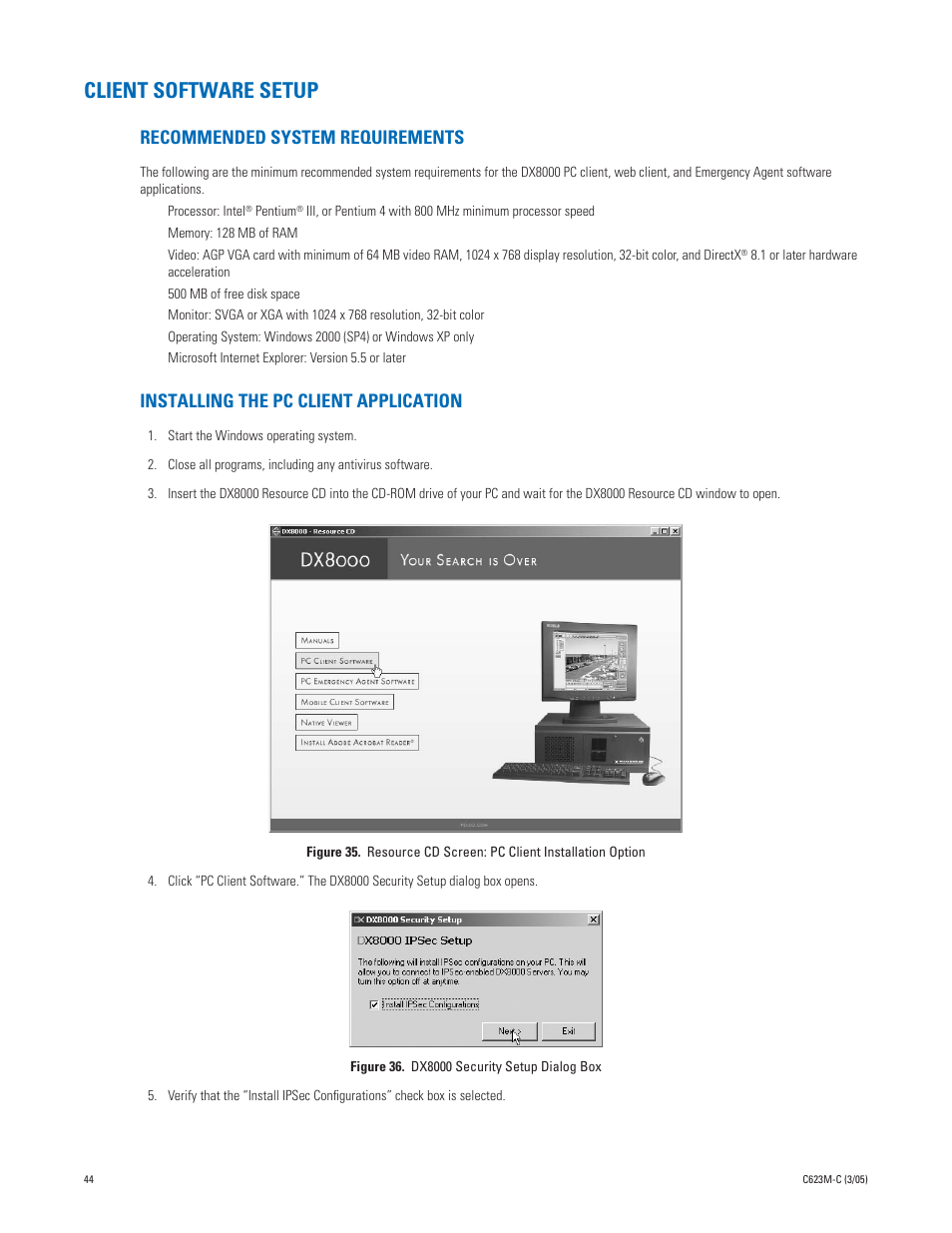 Client software setup, Recommended system requirements, Installing the pc client application | Pelco Dx8000 User Manual | Page 44 / 96