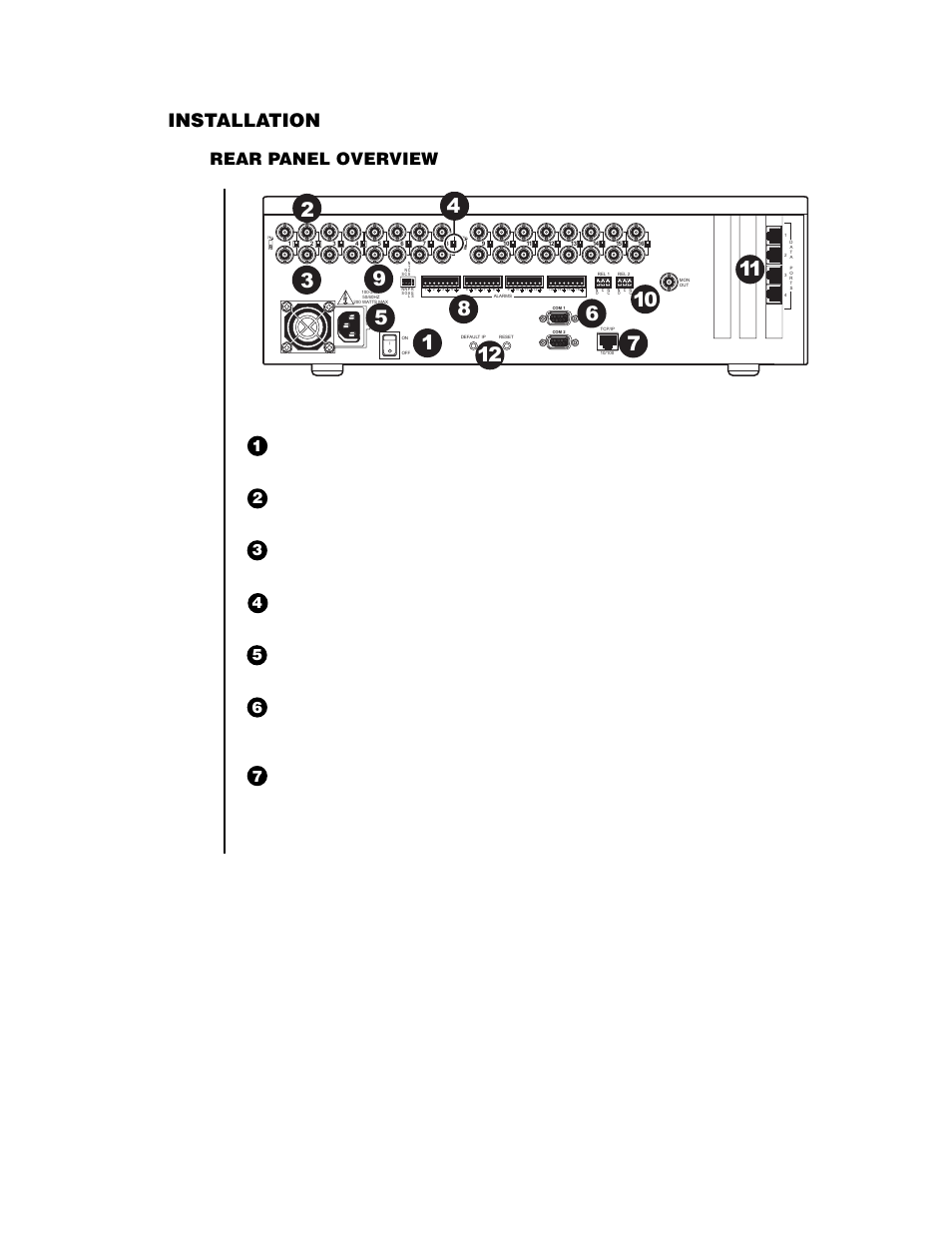 1 rear panel view 10, Installation, Rear panel overview | Figure 1. rear panel view, On/off switch use to toggle power on/off to unit | Pelco DX2000 User Manual | Page 10 / 114