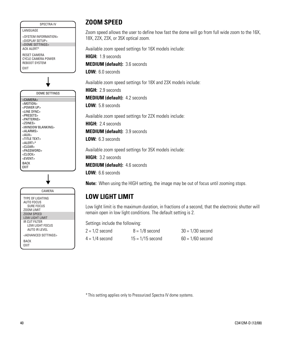 Zoom speed, Low light limit, Zoom speed low light limit | Pelco SPECTRA C3412M-D User Manual | Page 40 / 100