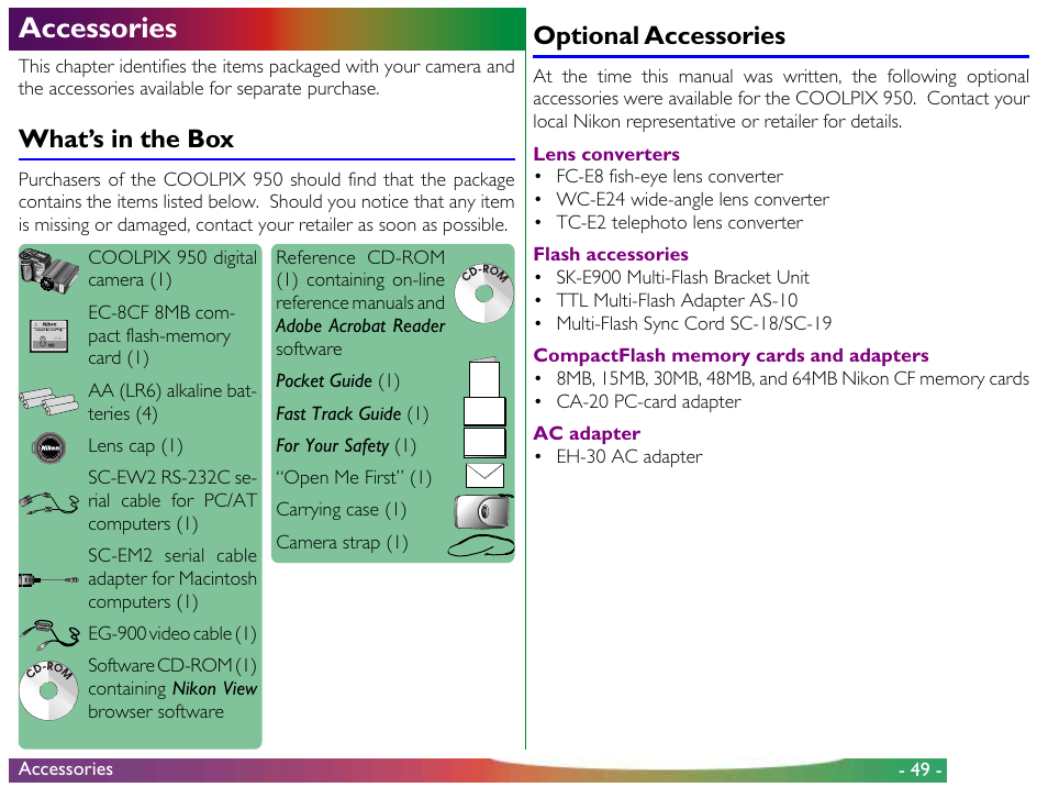 Accessories, What’s in the box, Optional accessories | What’s in the box optional accessories | Proxima ASA COOLPIX 950 User Manual | Page 49 / 56
