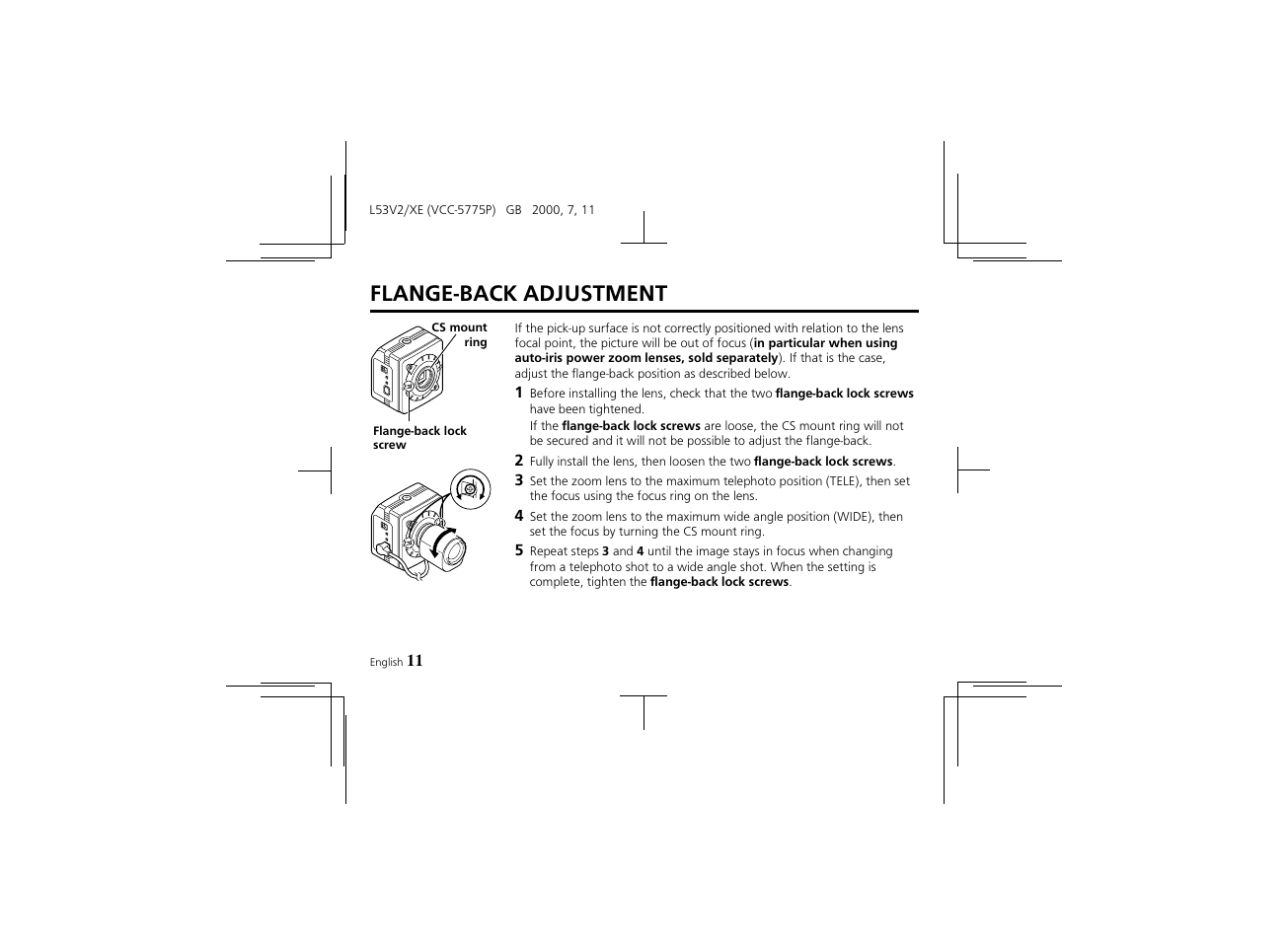 Flange-back adjustment | Proxima ASA Colour CCD Camera VCC-5775P User Manual | Page 12 / 20
