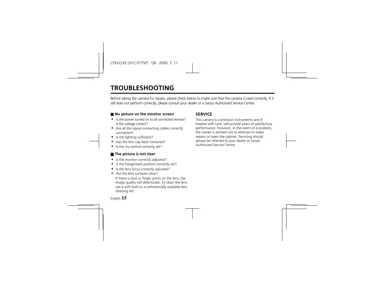 Troubleshooting | Proxima ASA Colour CCD Camera VCC-5775P User Manual | Page 16 / 20