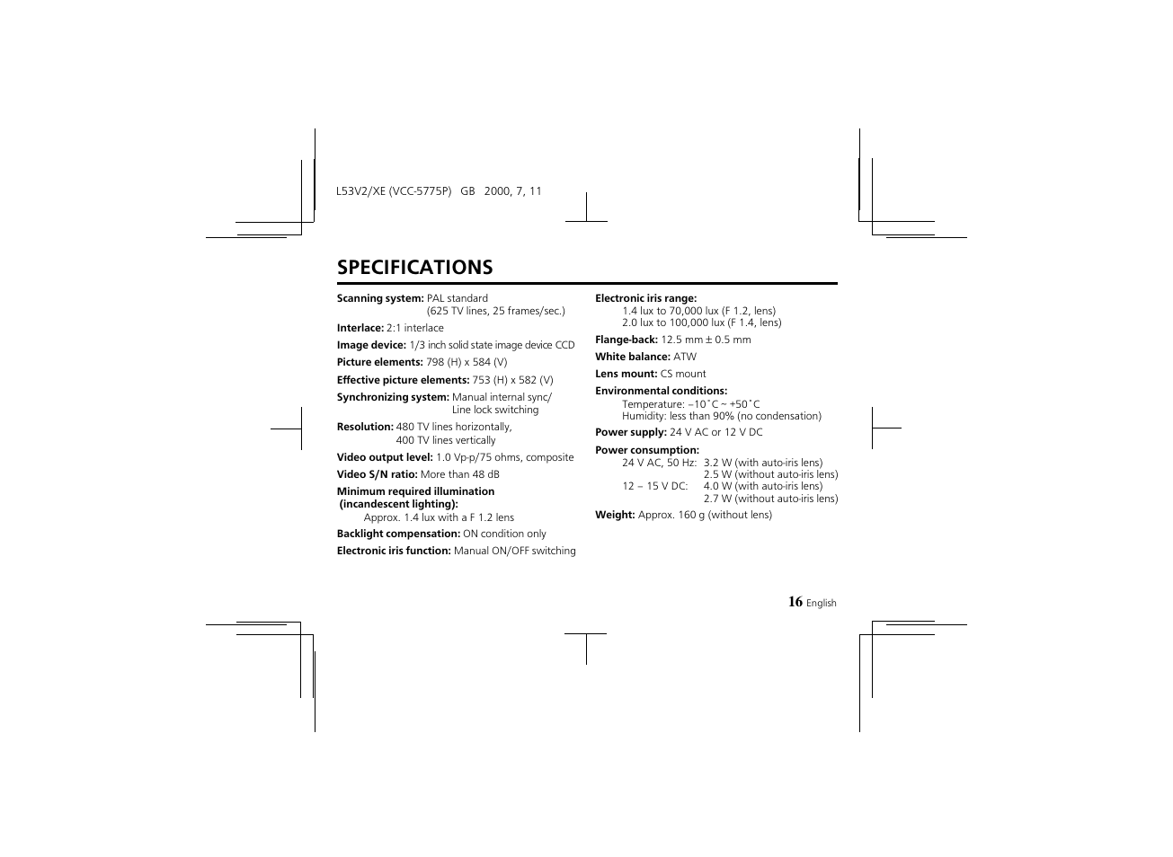 Specifications | Proxima ASA Colour CCD Camera VCC-5775P User Manual | Page 17 / 20