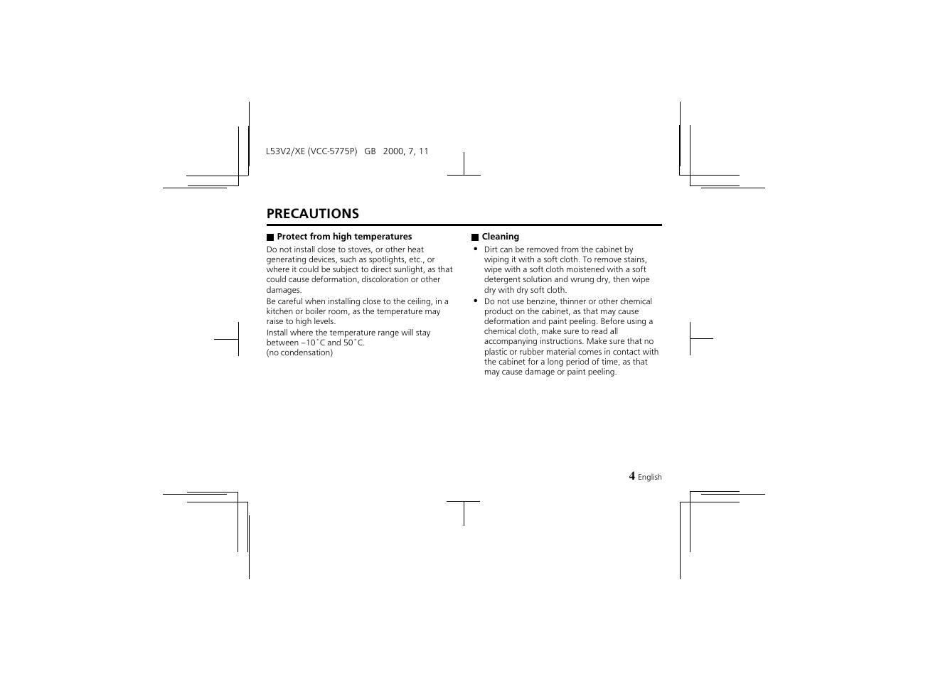 Precautions | Proxima ASA Colour CCD Camera VCC-5775P User Manual | Page 5 / 20