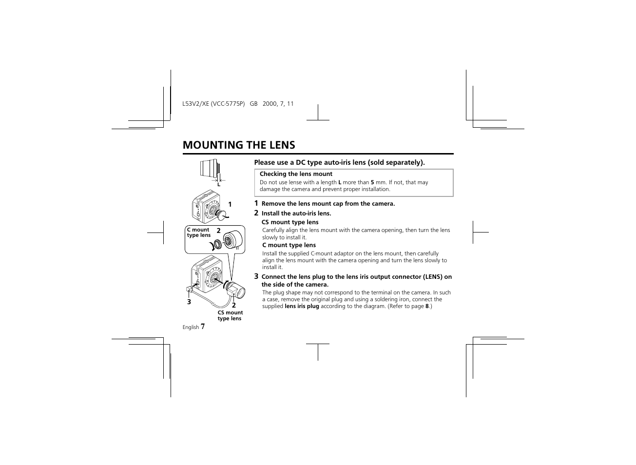 Mounting the lens | Proxima ASA Colour CCD Camera VCC-5775P User Manual | Page 8 / 20
