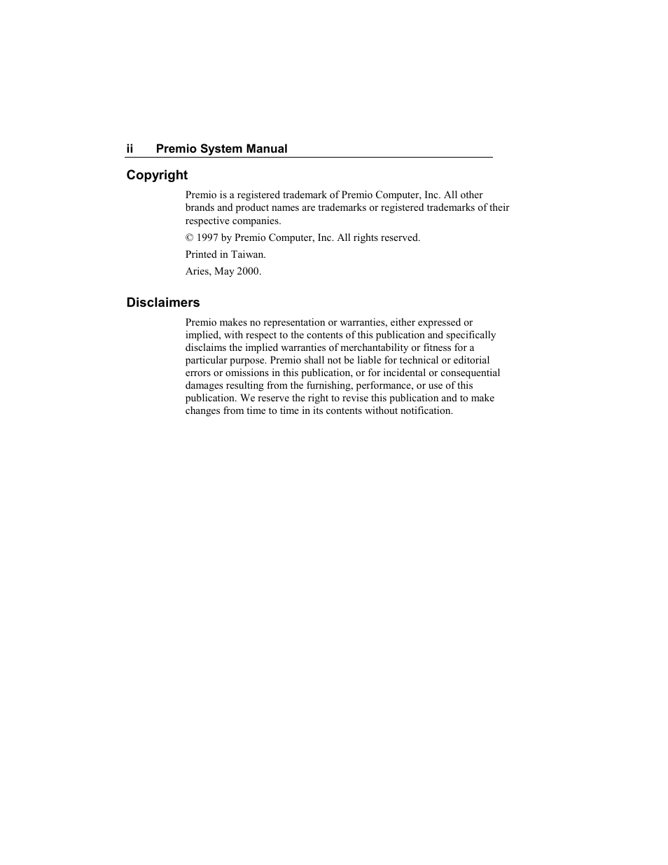 Copyright, Disclaimers | Premio Computer Aries/Centella User Manual | Page 3 / 131