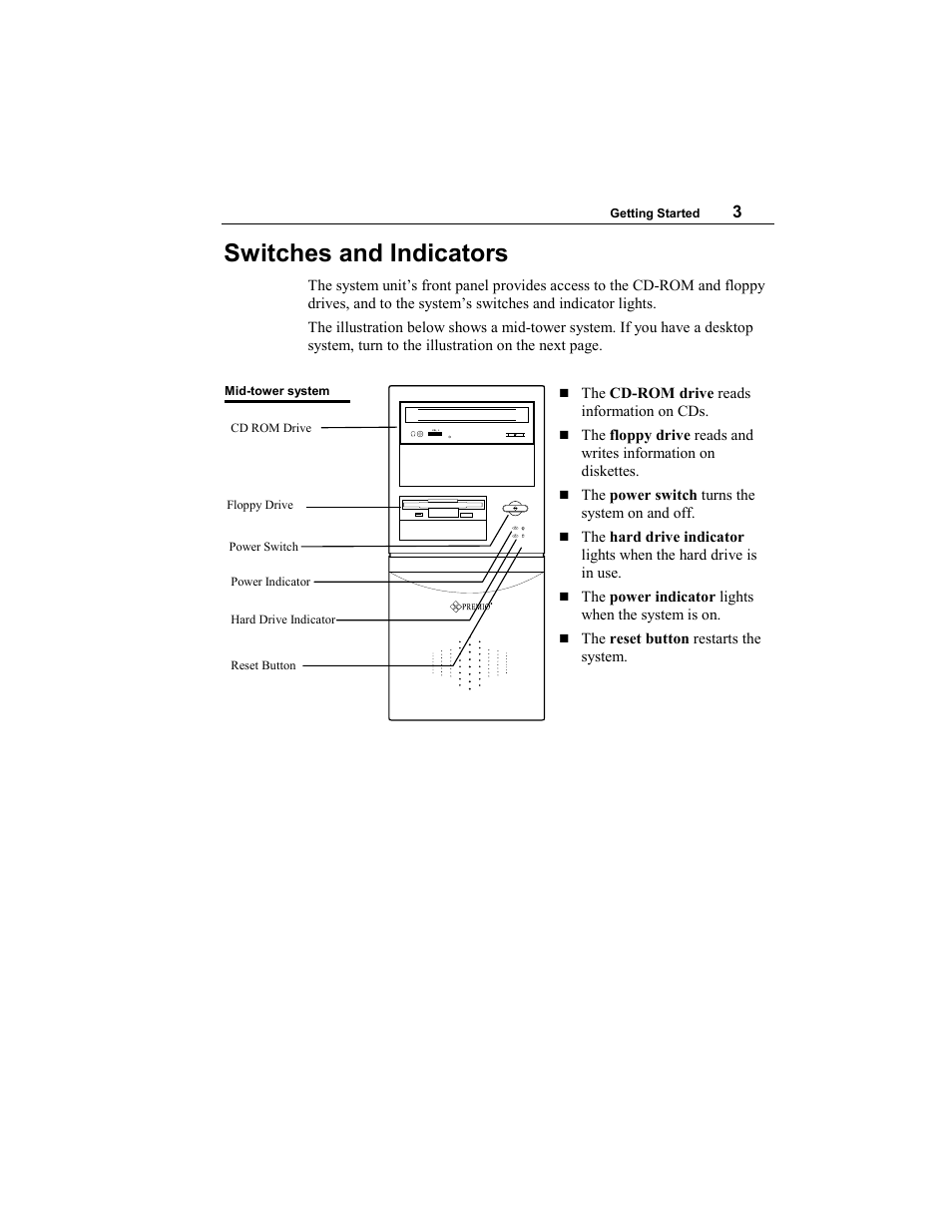 Switches and indicators | Premio Computer Aries/Centella User Manual | Page 8 / 131