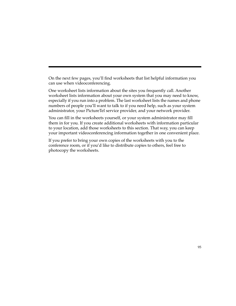 Worksheets | PictureTel 4500 User Manual | Page 101 / 114