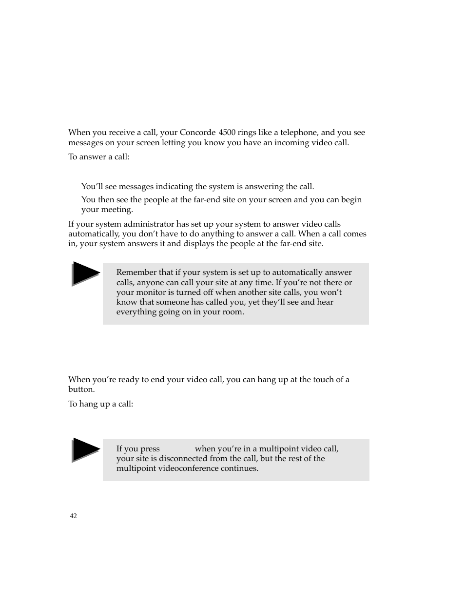 Answering a call, Hanging up | PictureTel 4500 User Manual | Page 48 / 114