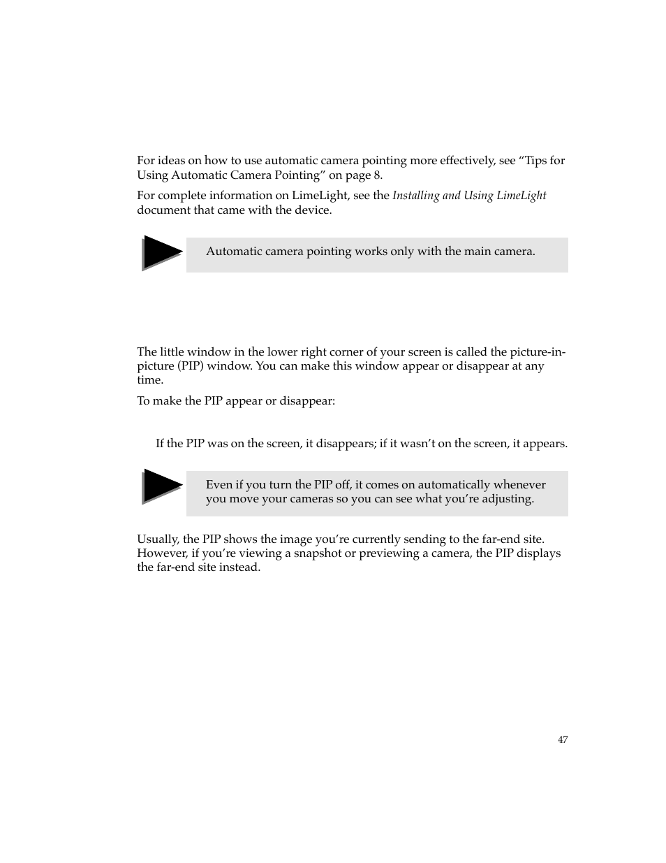 Displaying and removing the pip | PictureTel 4500 User Manual | Page 53 / 114