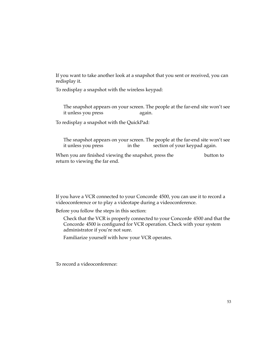 Using a vcr with your system, Redisplaying a snapshot, Recording a videoconference | PictureTel 4500 User Manual | Page 59 / 114