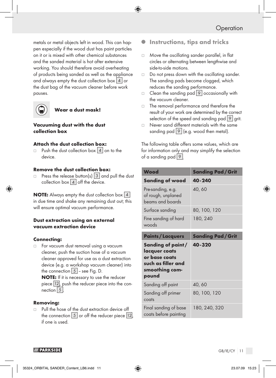 Operation, Instructions, tips and tricks | Parkside PSS 250 User Manual | Page 10 / 13