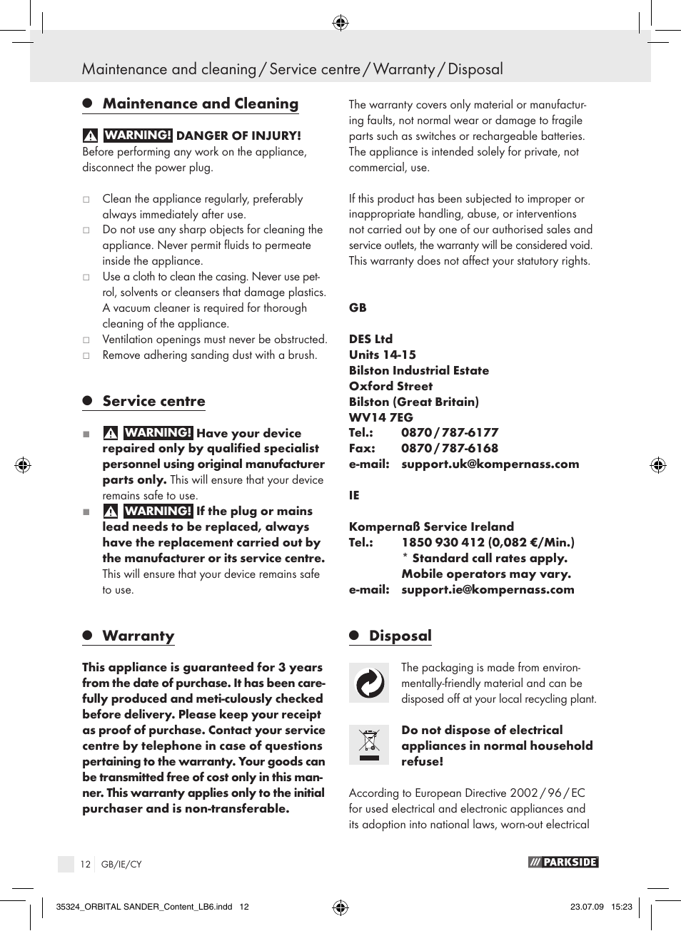 Maintenance and cleaning, Service centre, Warranty | Disposal | Parkside PSS 250 User Manual | Page 11 / 13