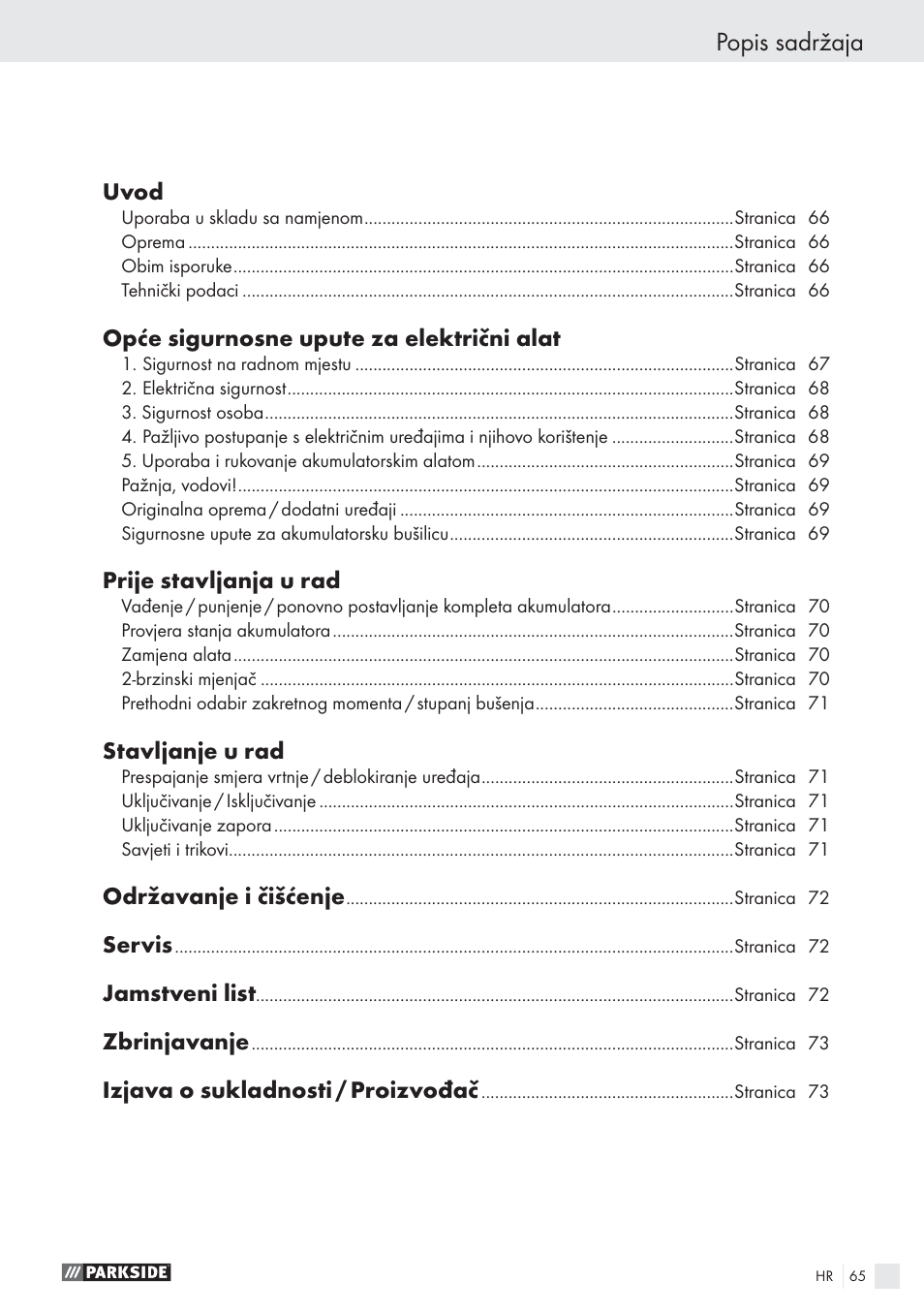 Popis sadržaja | Parkside PABS10.8-LI User Manual | Page 64 / 84