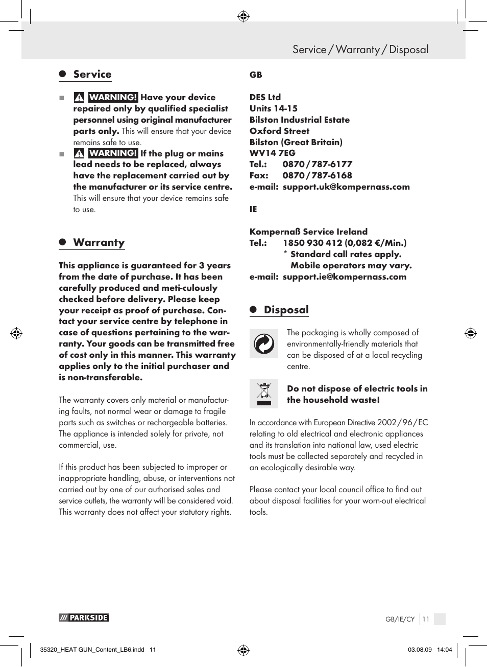 Service / warranty / disposal, Service, Warranty | Disposal | Parkside PHLG 2000-2 User Manual | Page 10 / 12