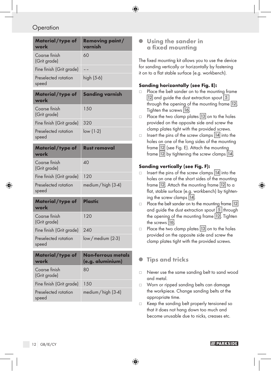 Operation, Using the sander in a fixed mounting, Tips and tricks | Parkside PEBS 900 SE User Manual | Page 11 / 14