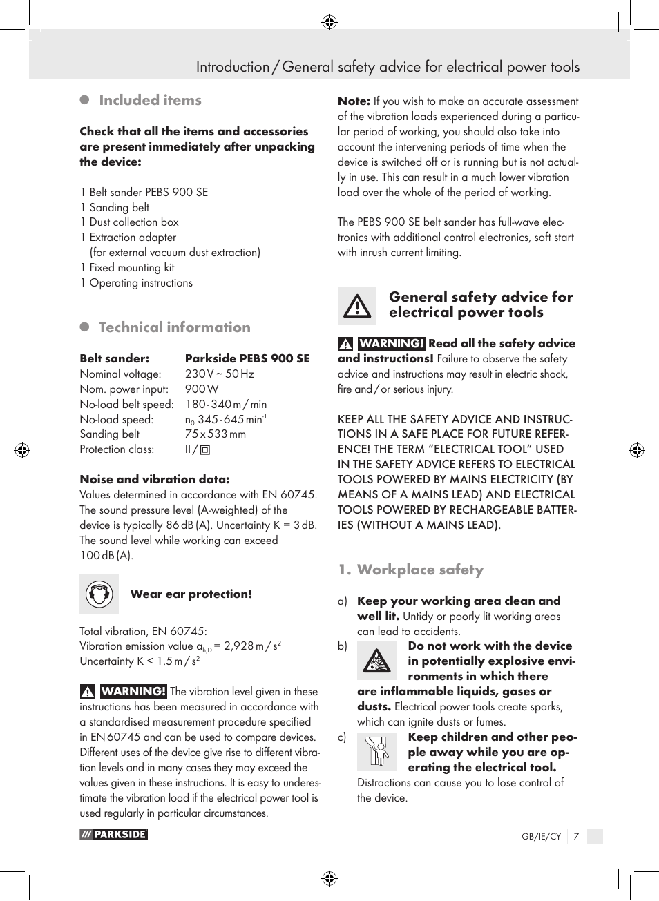 Included items, Technical information, General safety advice for electrical power tools | Workplace safety | Parkside PEBS 900 SE User Manual | Page 6 / 14