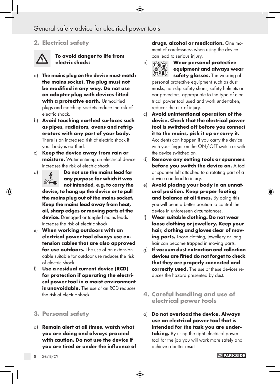 General safety advice for electrical power tools, Electrical safety, Personal safety | Careful handling and use of electrical power tools | Parkside PEBS 900 SE User Manual | Page 7 / 14