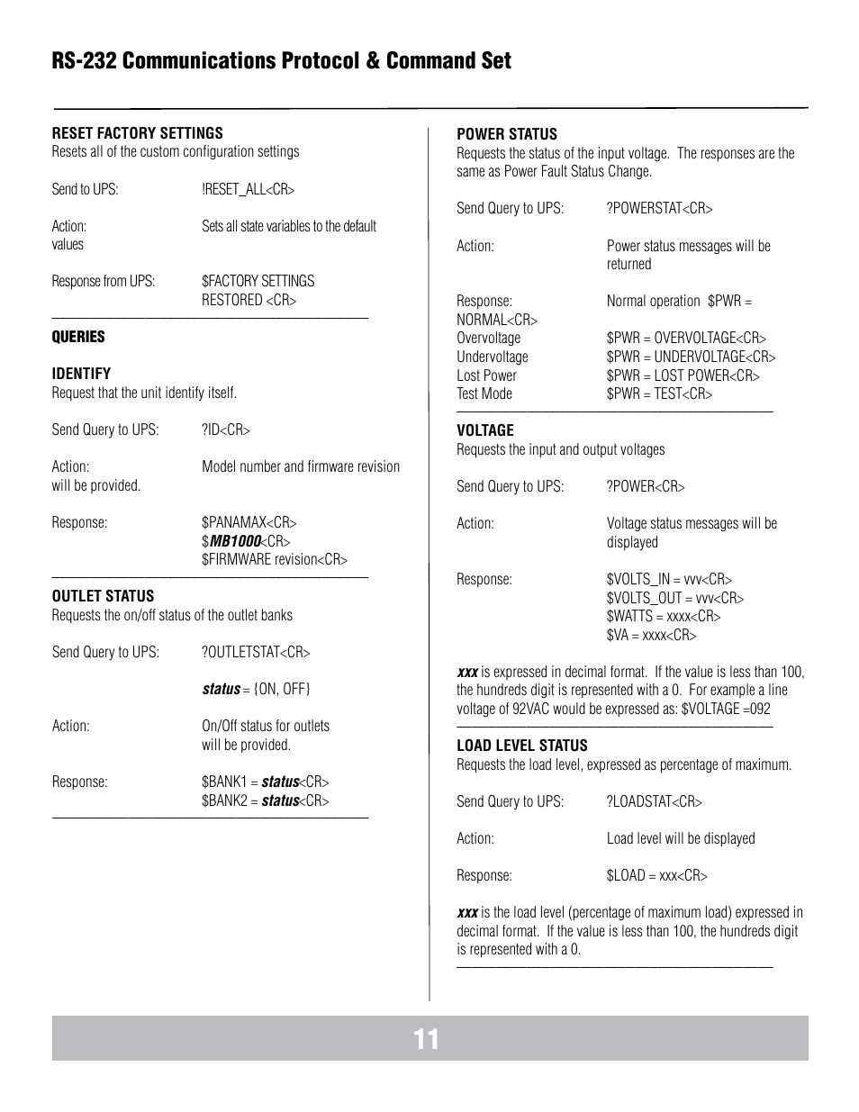 Rs-232 communications protocol & command set | Panamax BANKS WIRING MB1000 User Manual | Page 13 / 45