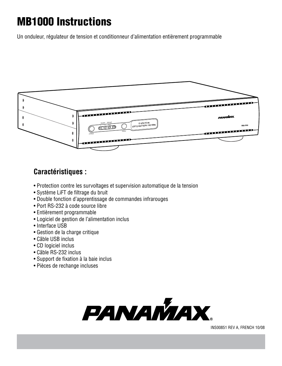 Ins00851-a-french, Mb1000 instructions, Caractéristiques | Panamax BANKS WIRING MB1000 User Manual | Page 16 / 45