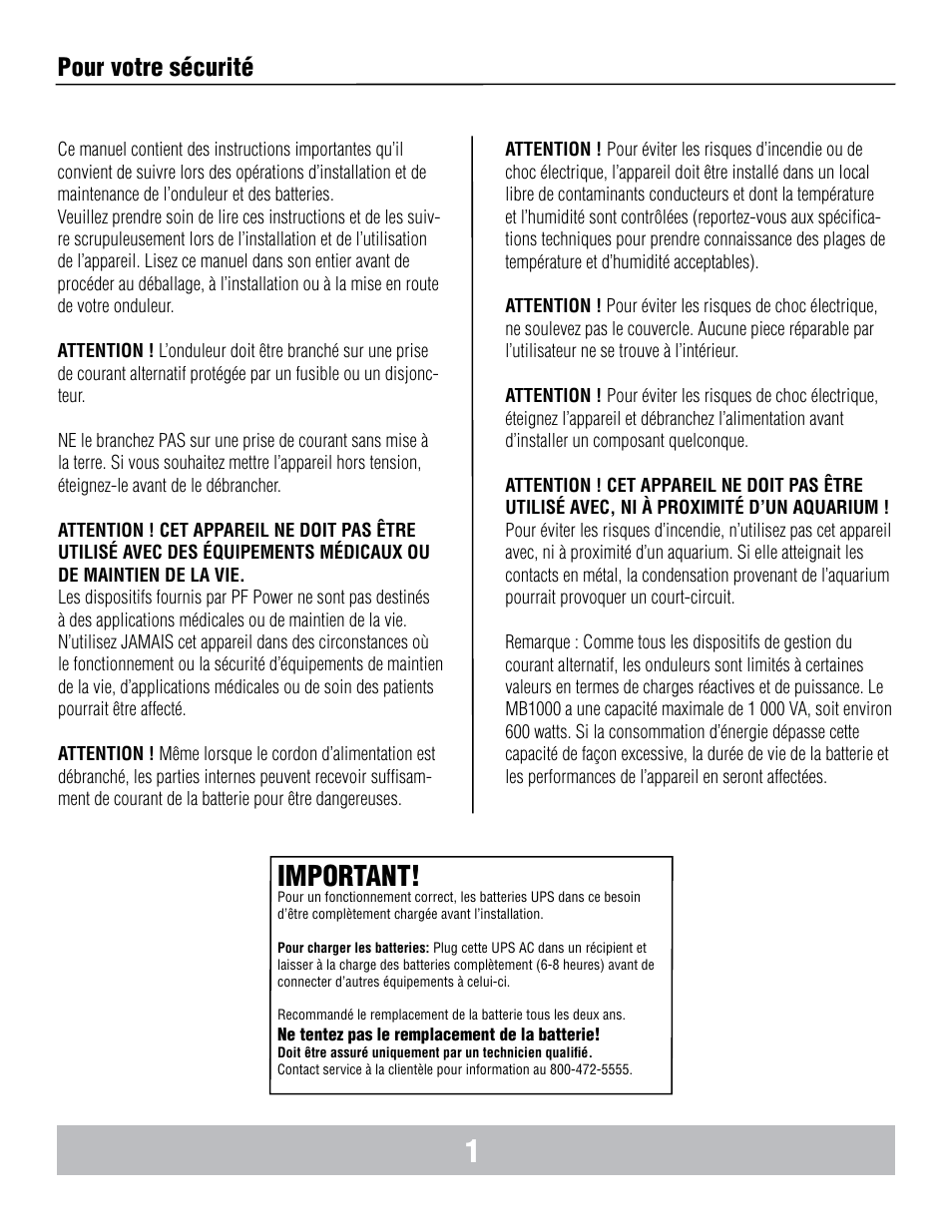 Important, Pour votre sécurité | Panamax BANKS WIRING MB1000 User Manual | Page 18 / 45