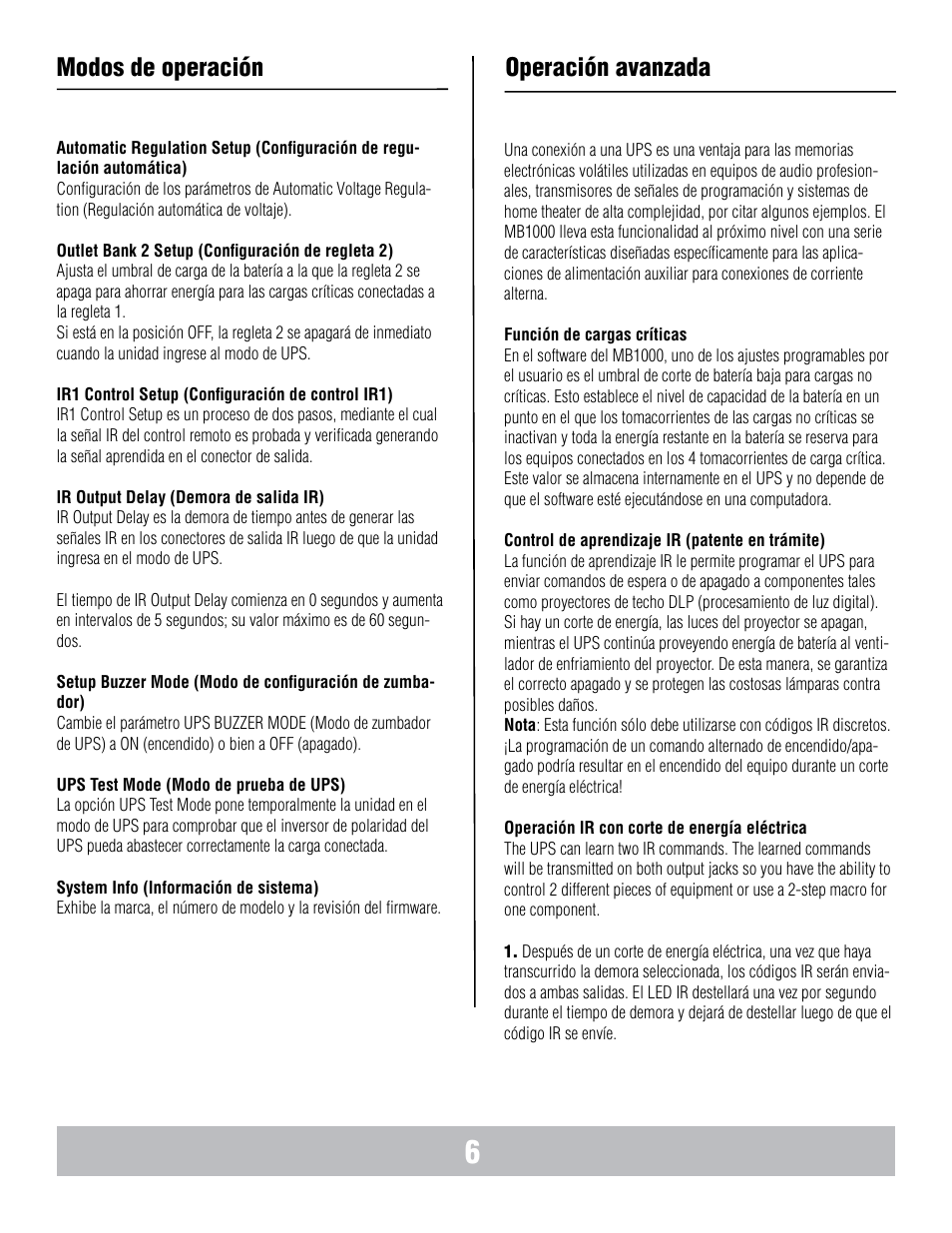 Modos de operación, Operación avanzada | Panamax BANKS WIRING MB1000 User Manual | Page 38 / 45