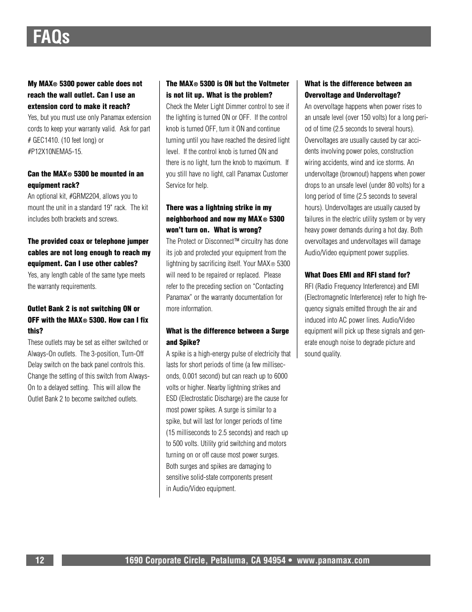 Faqs | Panamax 5300 User Manual | Page 14 / 14