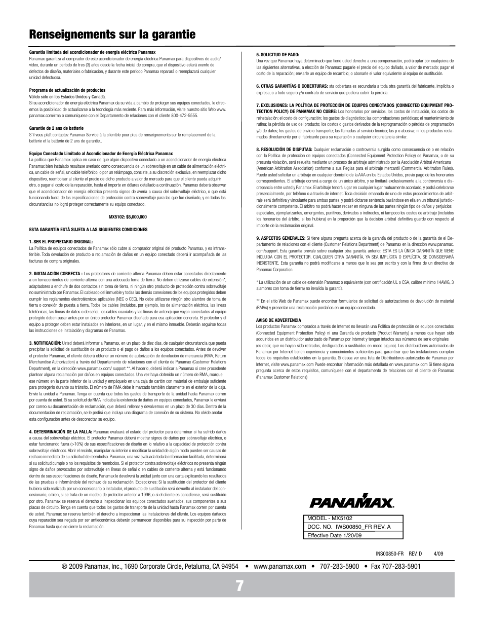 Renseignements sur la garantie | Panamax MX5102 User Manual | Page 16 / 24
