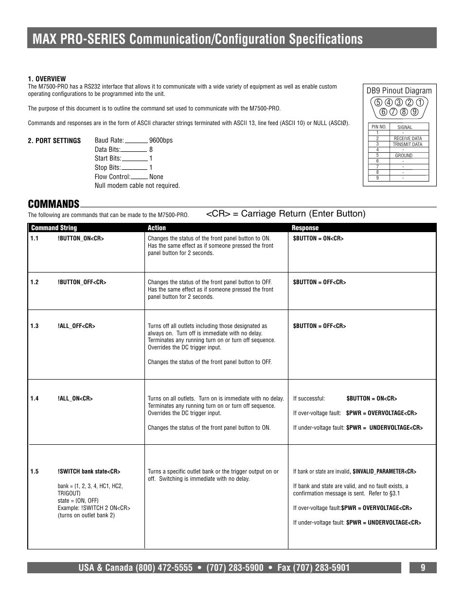 Commands, Cr> = carriage return (enter button) | Panamax 7500-PRO User Manual | Page 11 / 17