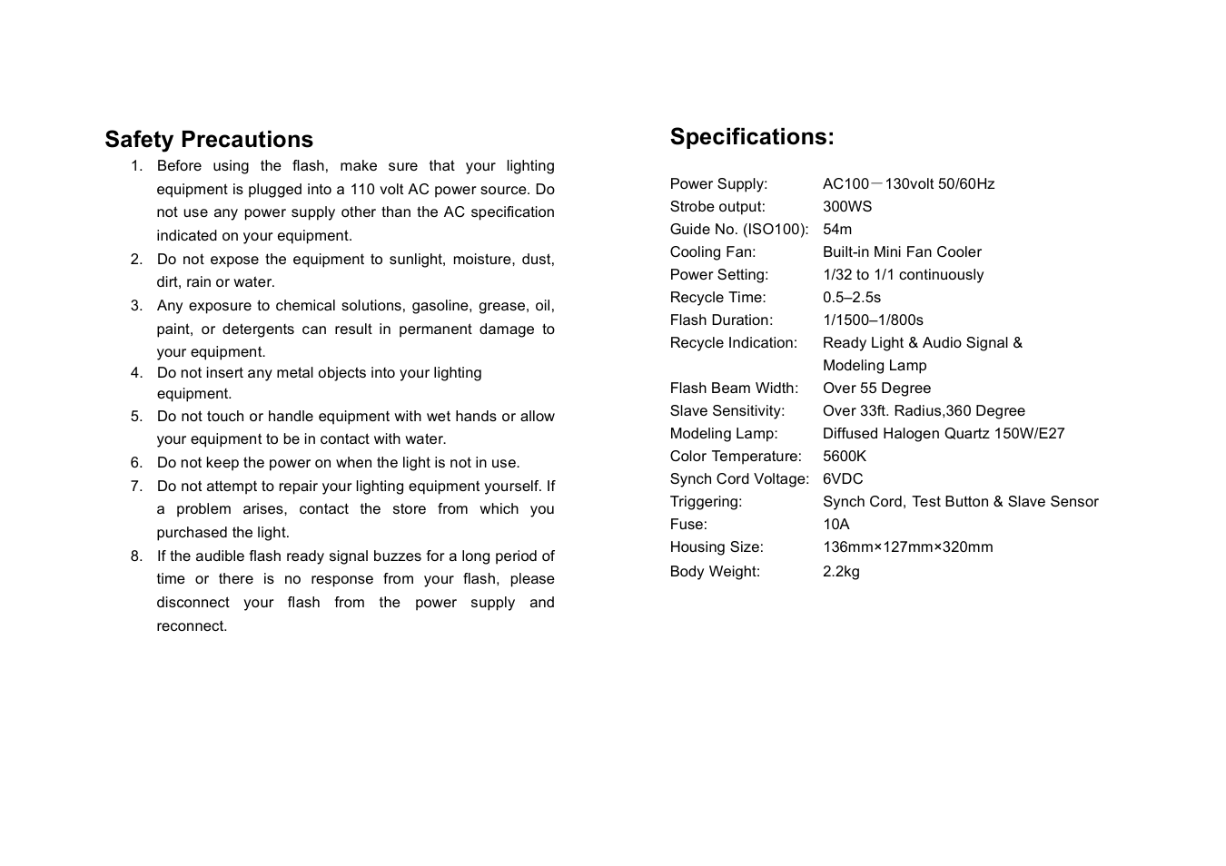 Safety precautions, Specifications | ProMaster 300C User Manual | Page 2 / 4