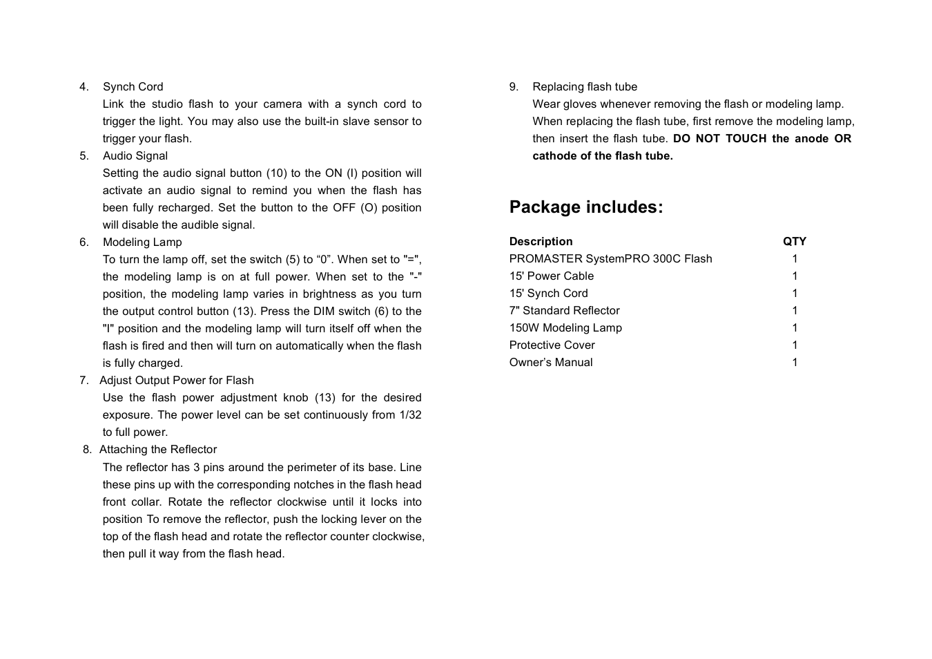 Package includes | ProMaster 300C User Manual | Page 4 / 4