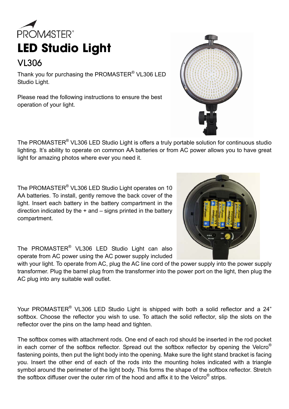 ProMaster LED STUDIO VL306 User Manual | 2 pages